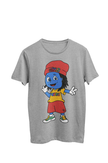 WooHooBerry character exuding a hipster vibe, styled with dreadlock hair and dressed in a trendy outfit, all while proudly wearing a gold/yellow T-shirt featuring the Woohooberry. A fusion of modern fashion and the iconic WooHoo spirit. The Tshirt is gray
